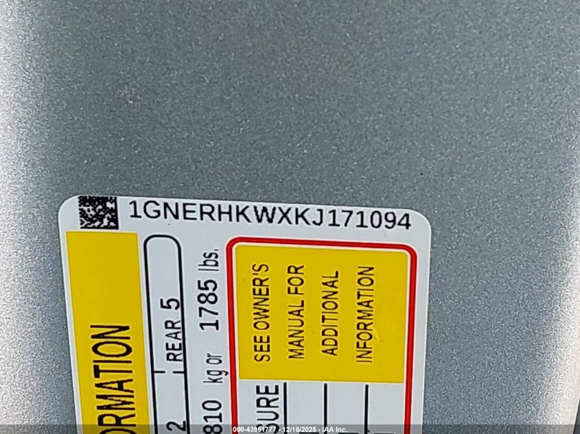 2019 Chevrolet Traverse 3Lt VIN: 1GNERHKWXKJ171094 Lot: 43961777