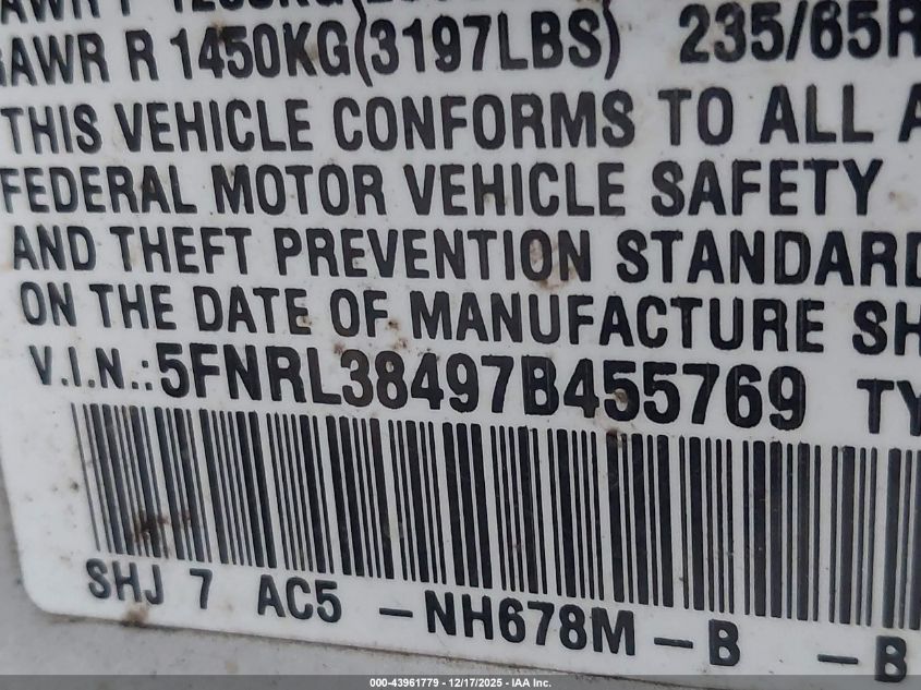 2007 Honda Odyssey Ex VIN: 5FNRL38497B455769 Lot: 43961779