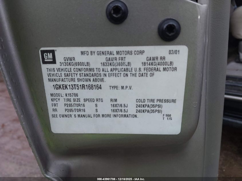 2001 GMC Yukon Slt VIN: 1GKEK13T51R168164 Lot: 43961786