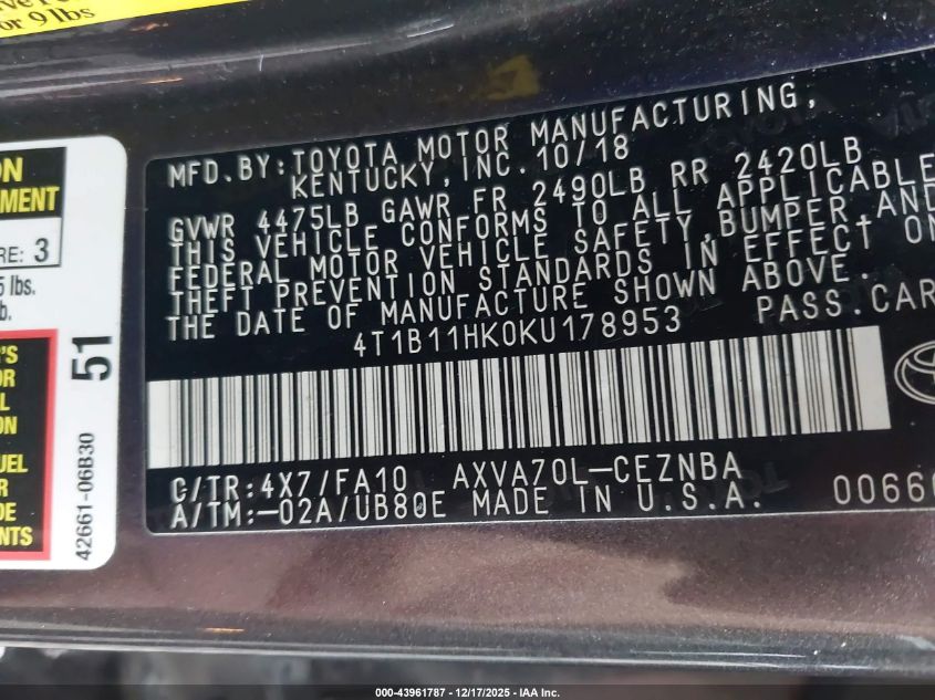 2019 Toyota Camry Le VIN: 4T1B11HK0KU178953 Lot: 43961787