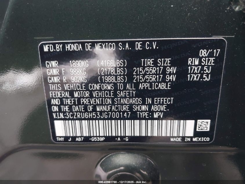 2018 Honda Hr-V Ex VIN: 3CZRU6H53JG700147 Lot: 43961788