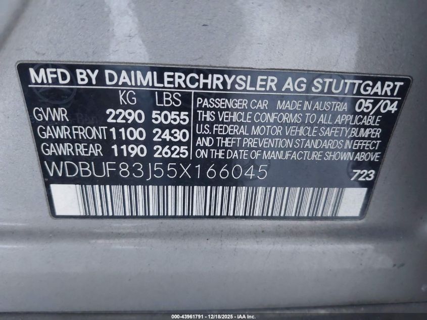 2005 Mercedes-Benz E 500 4Matic VIN: WDBUF83J55X166045 Lot: 43961791