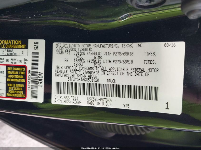 2016 Toyota Tundra Sr5 5.7L V8 VIN: 5TFDY5F16GX581920 Lot: 43961793