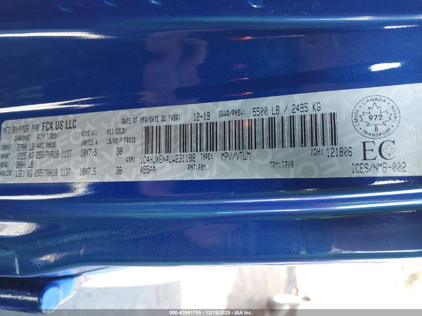 2020 Jeep Wrangler Unlimited Sahara VIN: 1C4HJXEN4LW231188 Lot: 43961795