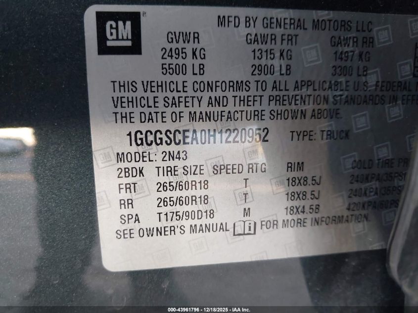 2017 Chevrolet Colorado Lt VIN: 1GCGSCEA0H1220952 Lot: 43961796