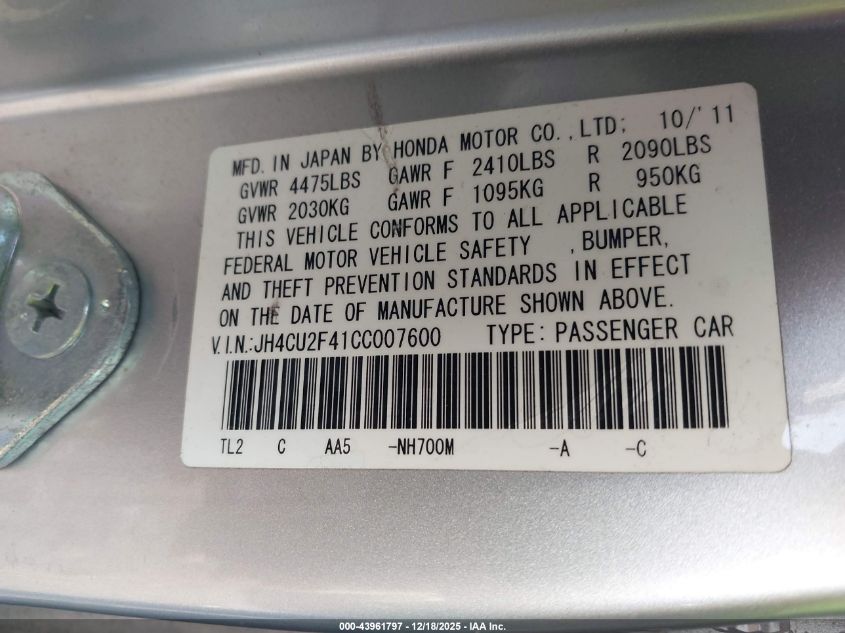 2012 Acura Tsx 2.4 VIN: JH4CU2F41CC007600 Lot: 43961797