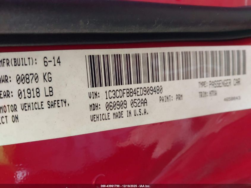 2014 Dodge Dart Sxt VIN: 1C3CDFBB4ED909480 Lot: 43961798