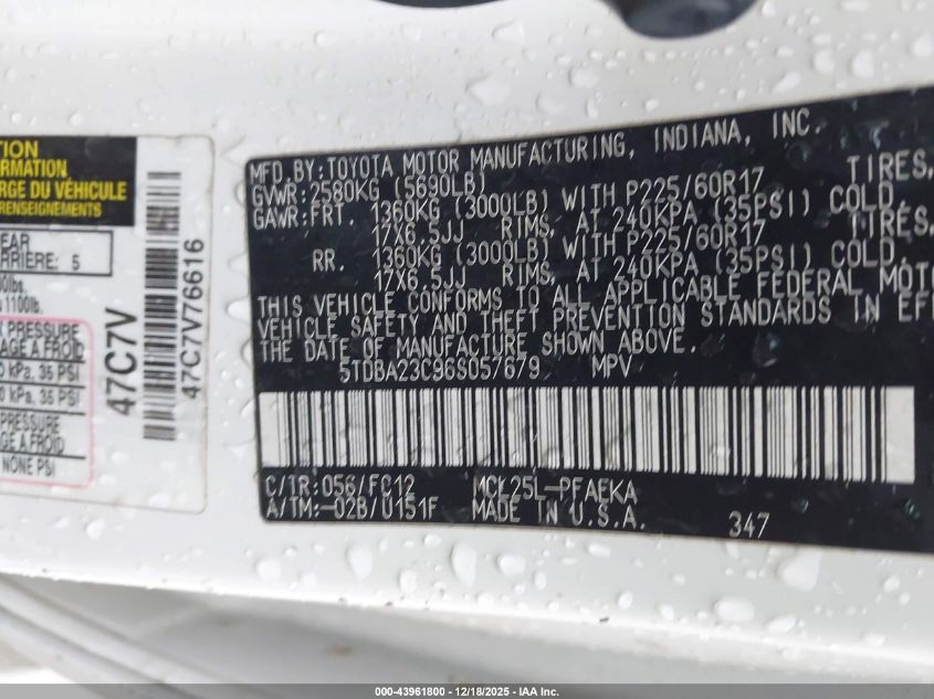 2006 Toyota Sienna Le VIN: 5TDBA23C96S057679 Lot: 43961800