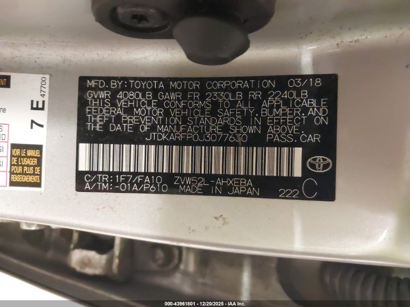 2018 Toyota Prius Prime Plus VIN: JTDKARFP0J3077630 Lot: 43961801