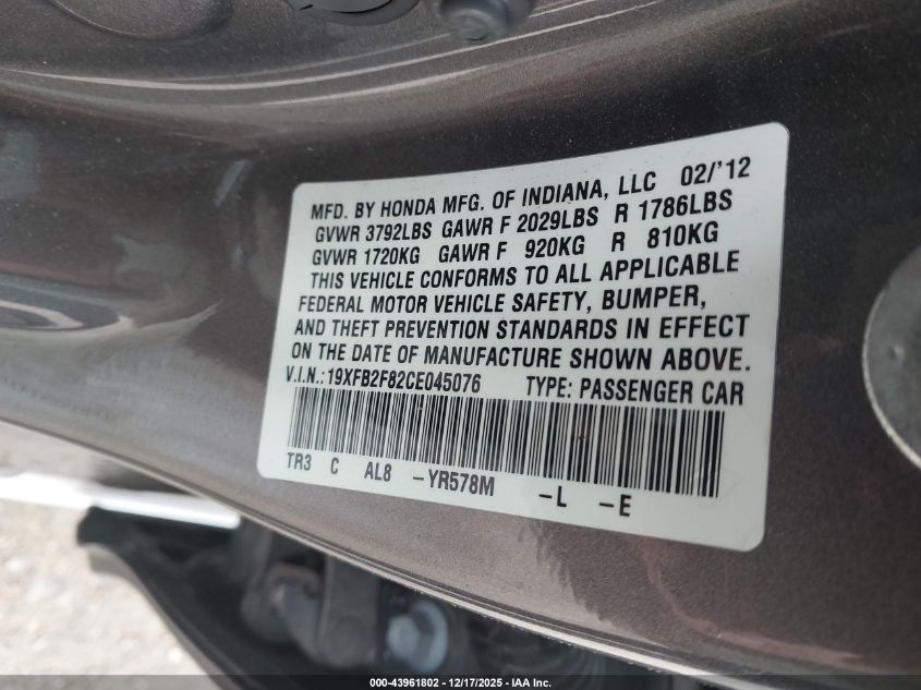2012 Honda Civic Ex VIN: 19XFB2F82CE045076 Lot: 43961802