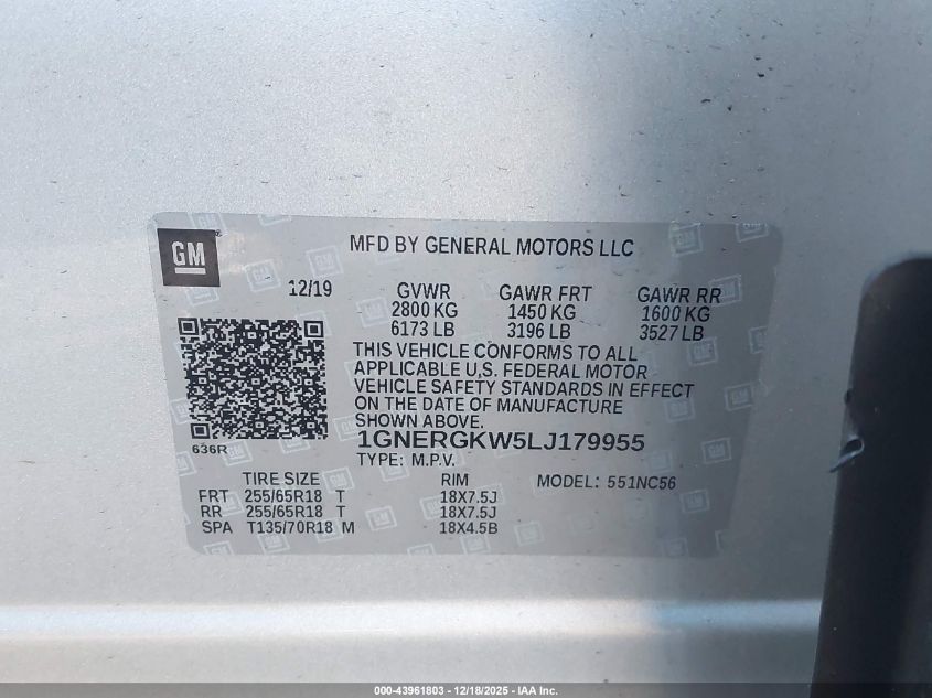 2020 Chevrolet Traverse Fwd Lt Cloth VIN: 1GNERGKW5LJ179955 Lot: 43961803