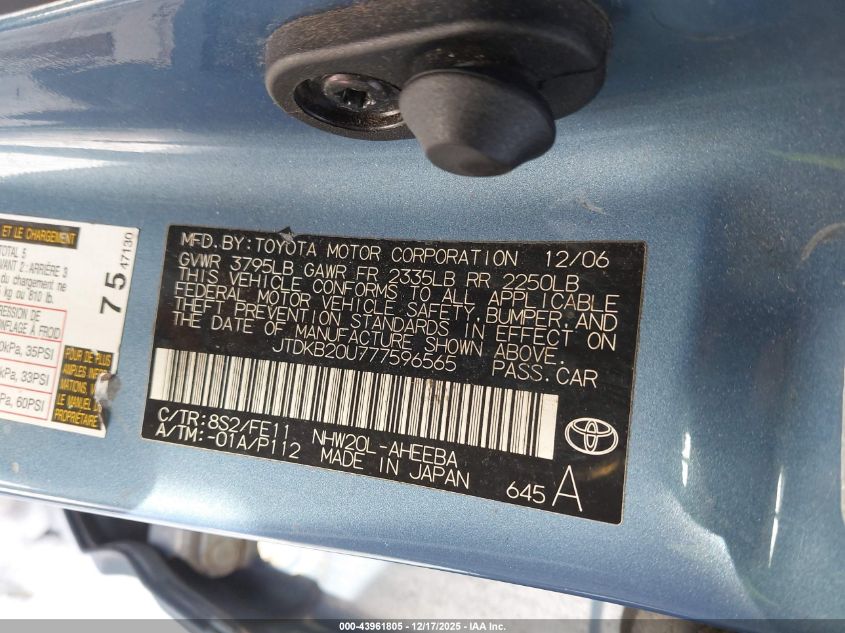 2007 Toyota Prius VIN: JTDKB20U777596565 Lot: 43961805