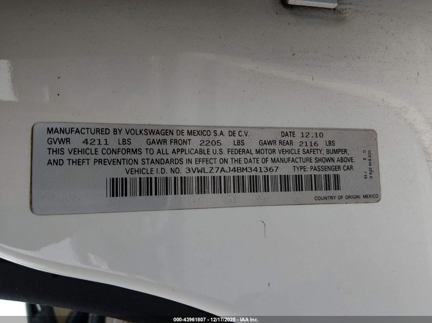 2011 Volkswagen Jetta 2.5L Sel VIN: 3VWLZ7AJ4BM341367 Lot: 43961807