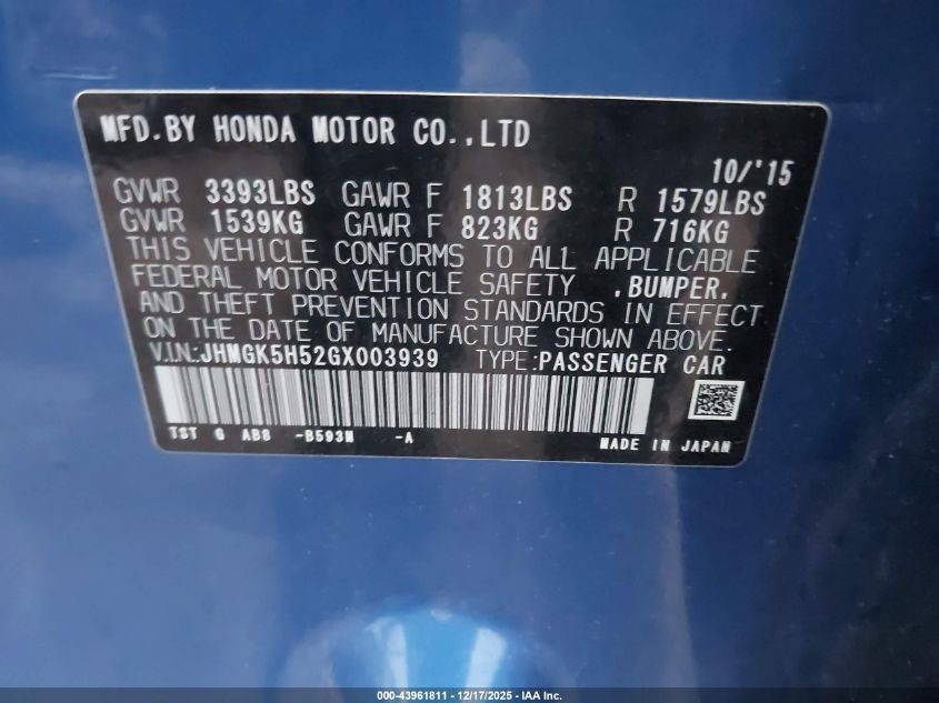 2016 Honda Fit Lx VIN: JHMGK5H52GX003939 Lot: 43961811