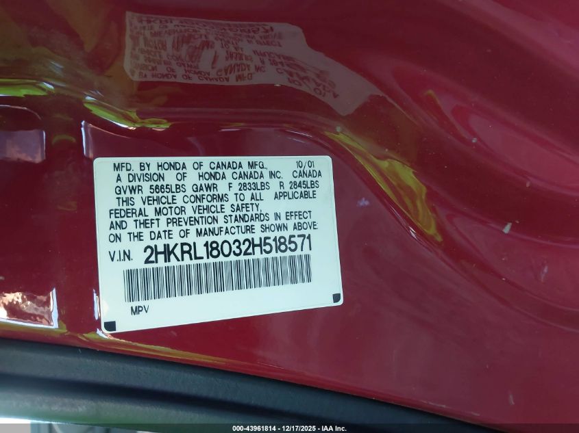 2002 Honda Odyssey Ex-L VIN: 2HKRL18032H518571 Lot: 43961814