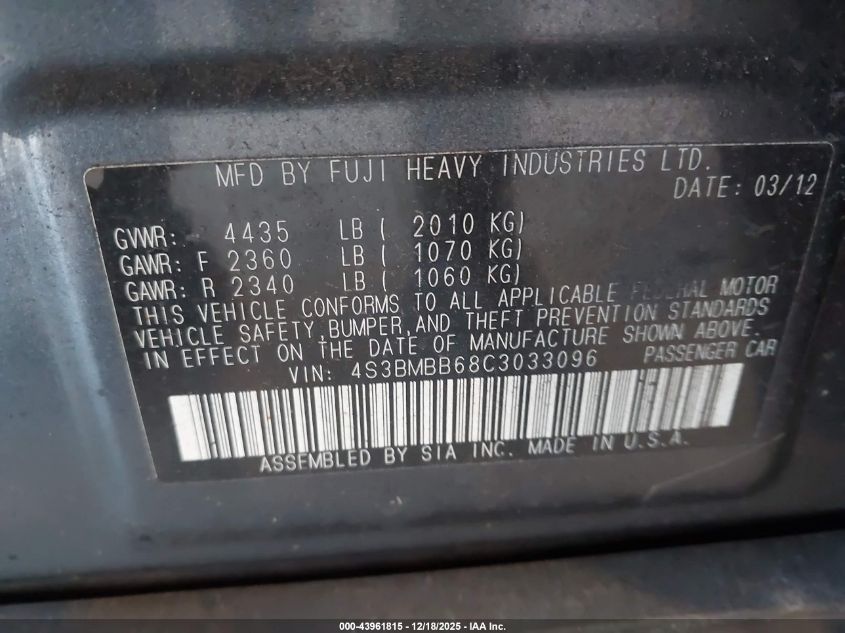 2012 Subaru Legacy 2.5I Premium VIN: 4S3BMBB68C3033096 Lot: 43961815