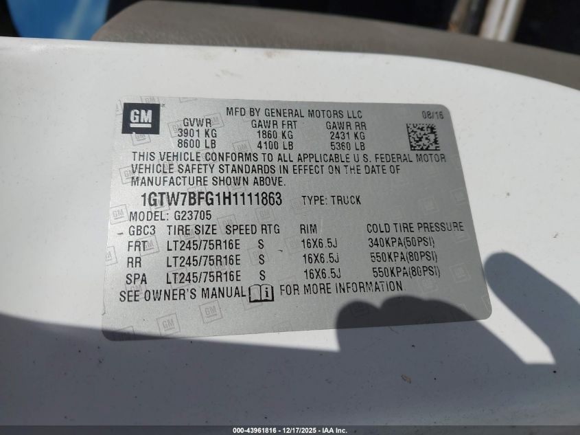 2017 GMC Savana 2500 Work Van VIN: 1GTW7BFG1H1111863 Lot: 43961816