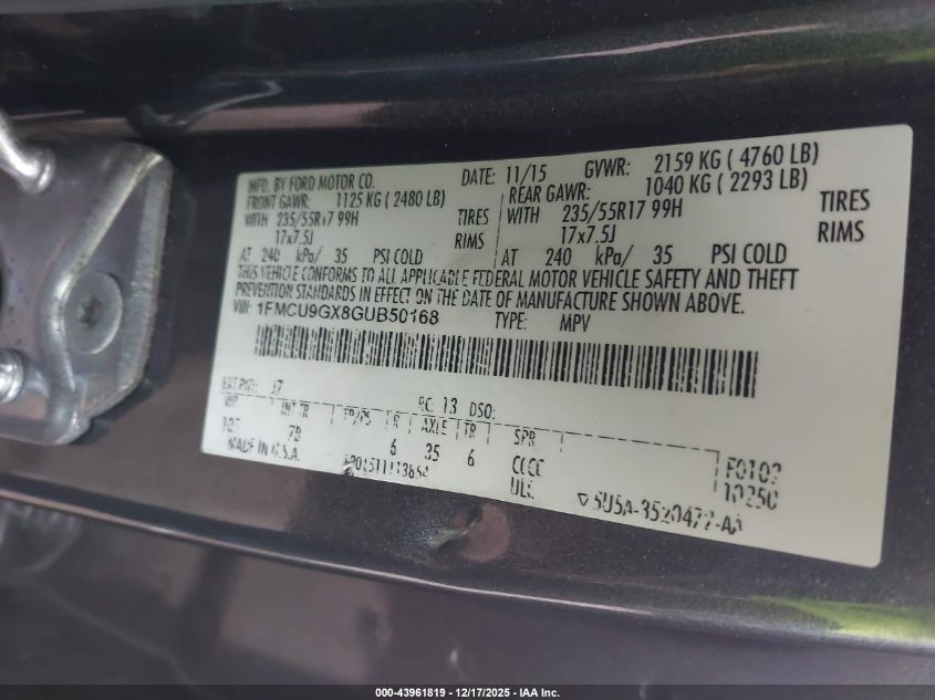 2016 Ford Escape Se VIN: 1FMCU9GX8GUB50168 Lot: 43961819