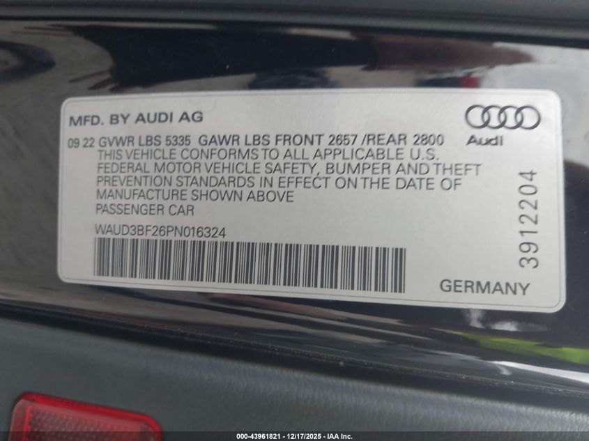 2023 Audi A6 Premium 45 Tfsi Quattro S Tronic VIN: WAUD3BF26PN016324 Lot: 43961821