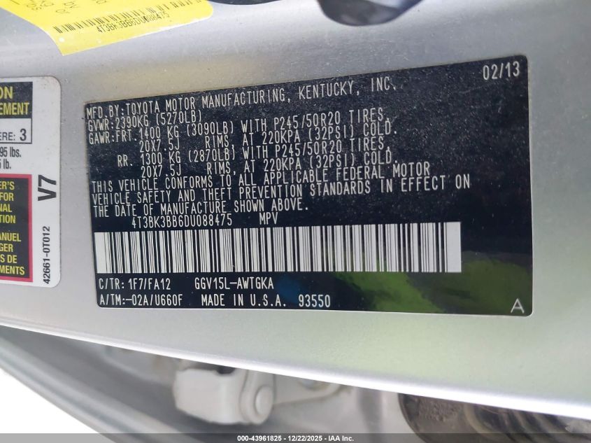 2013 Toyota Venza Le V6 VIN: 4T3BK3BB6DU088475 Lot: 43961825