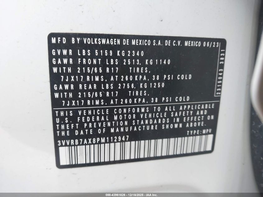 2023 Volkswagen Tiguan 2.0T S VIN: 3VVRB7AX8PM112947 Lot: 43961826