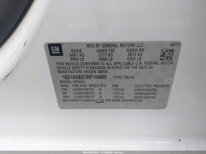 2017 Chevrolet Silverado 2500Hd Wt VIN: 1GC1KUEG7HF194868 Lot: 43961828