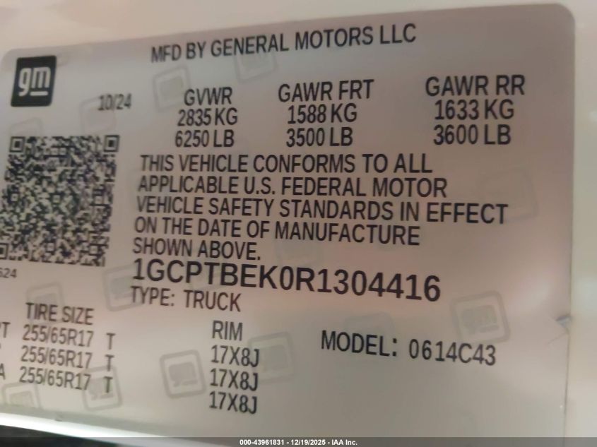 2024 Chevrolet Colorado 4Wd Wt VIN: 1GCPTBEK0R1304416 Lot: 43961831