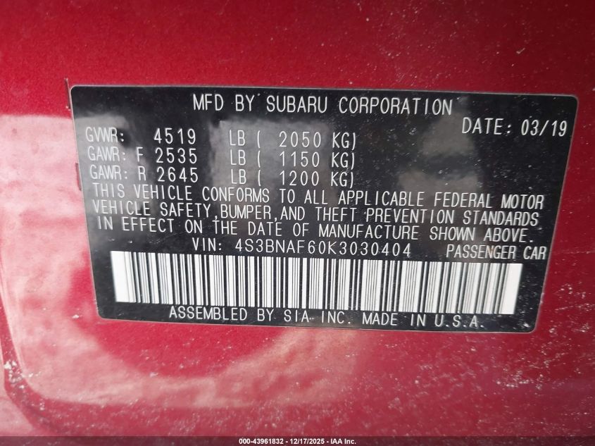 2019 Subaru Legacy 2.5I Premium VIN: 4S3BNAF60K3030404 Lot: 43961832