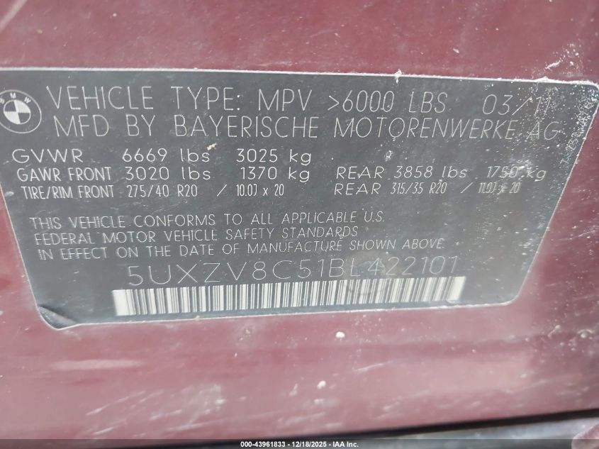 2011 BMW X5 xDrive50I VIN: 5UXZV8C51BL422101 Lot: 43961833