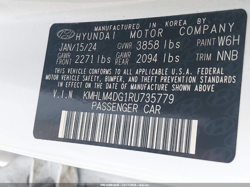 2024 Hyundai Elantra Sel VIN: KMHLM4DG1RU735779 Lot: 43961835
