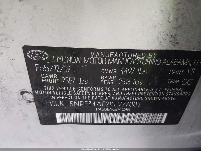 2019 Hyundai Sonata Sel VIN: 5NPE34AF2KH777003 Lot: 43961836