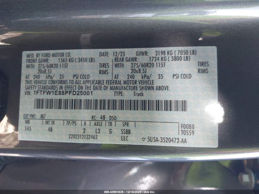 2023 Ford F-150 Xlt VIN: 1FTFW1E88PFD25001 Lot: 43961838