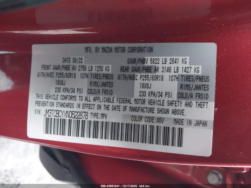 2022 Mazda Cx-9 Touring VIN: JM3TCBCYXN0622878 Lot: 43961841