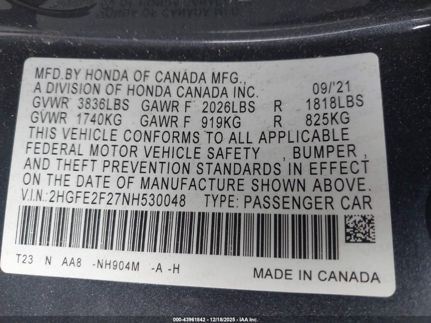 2022 Honda Civic Lx VIN: 2HGFE2F27NH530048 Lot: 43961842
