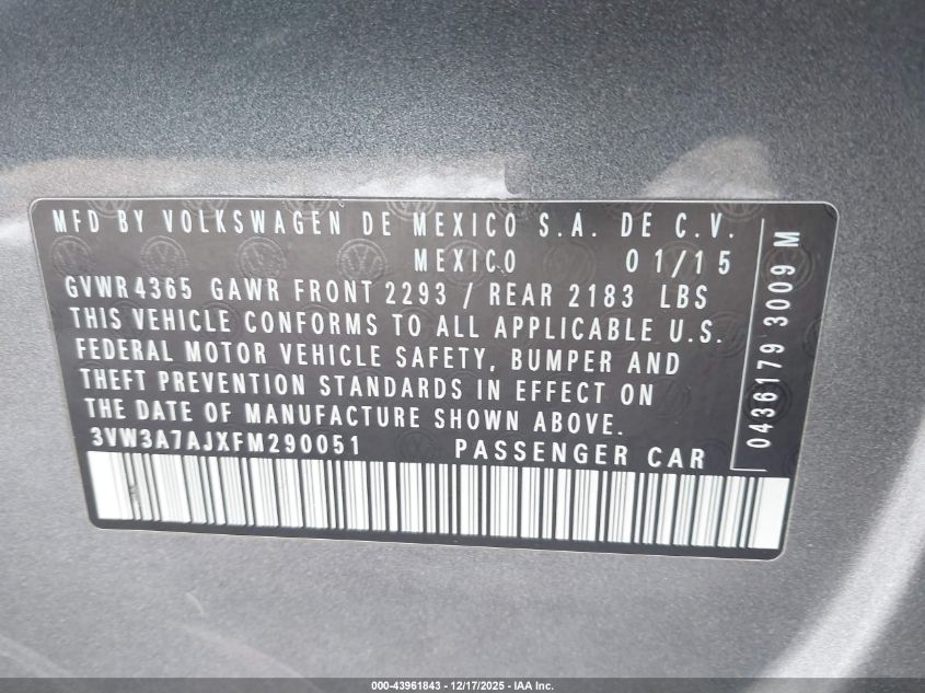 2015 Volkswagen Jetta 2.0L Tdi Se VIN: 3VW3A7AJXFM290051 Lot: 43961843