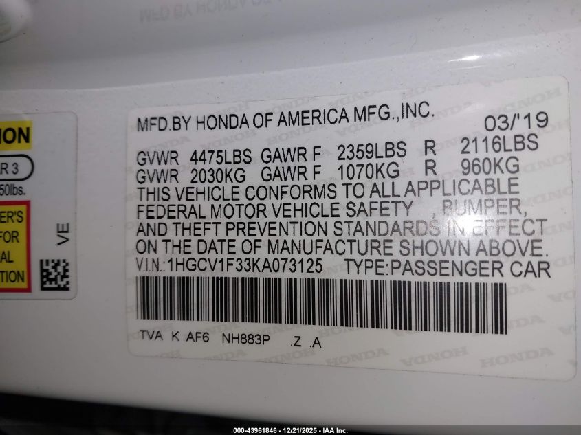 2019 Honda Accord Sport VIN: 1HGCV1F33KA073125 Lot: 43961846