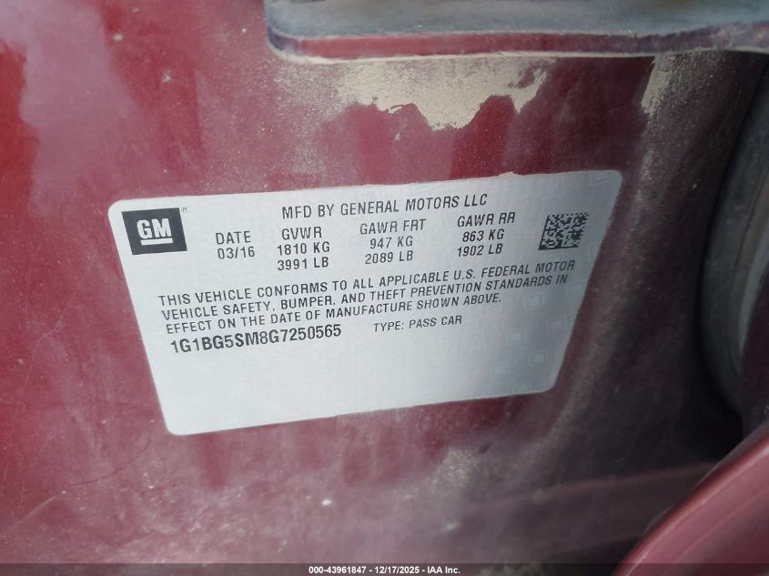 2016 Chevrolet Cruze Premier Auto VIN: 1G1BG5SM8G7250565 Lot: 43961847