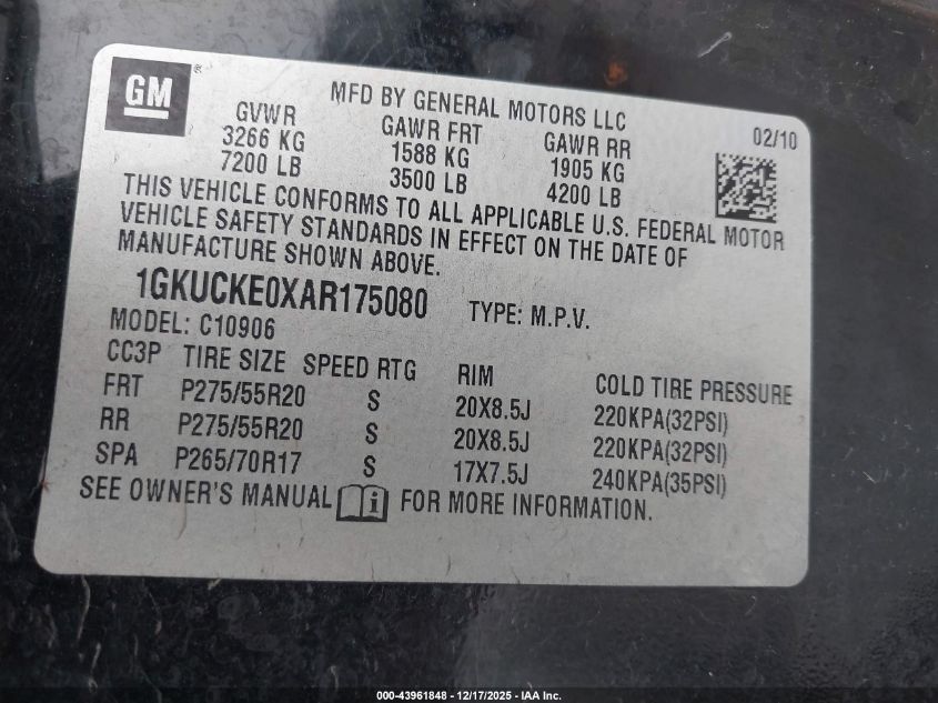 2010 GMC Yukon Xl 1500 Slt VIN: 1GKUCKE0XAR175080 Lot: 43961848