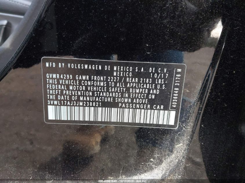 2018 Volkswagen Jetta 1.8T Sel VIN: 3VWL17AJ3JM238821 Lot: 43961849