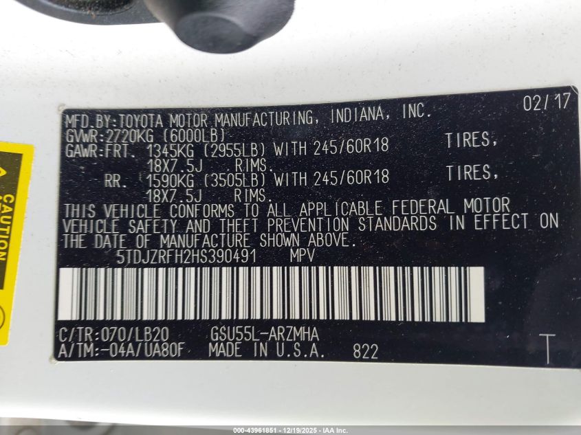2017 Toyota Highlander Xle VIN: 5TDJZRFH2HS390491 Lot: 43961851