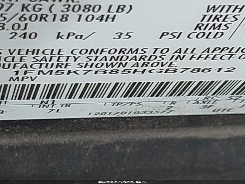 2017 Ford Explorer VIN: 1FM5K7B85HGB78612 Lot: 43961852