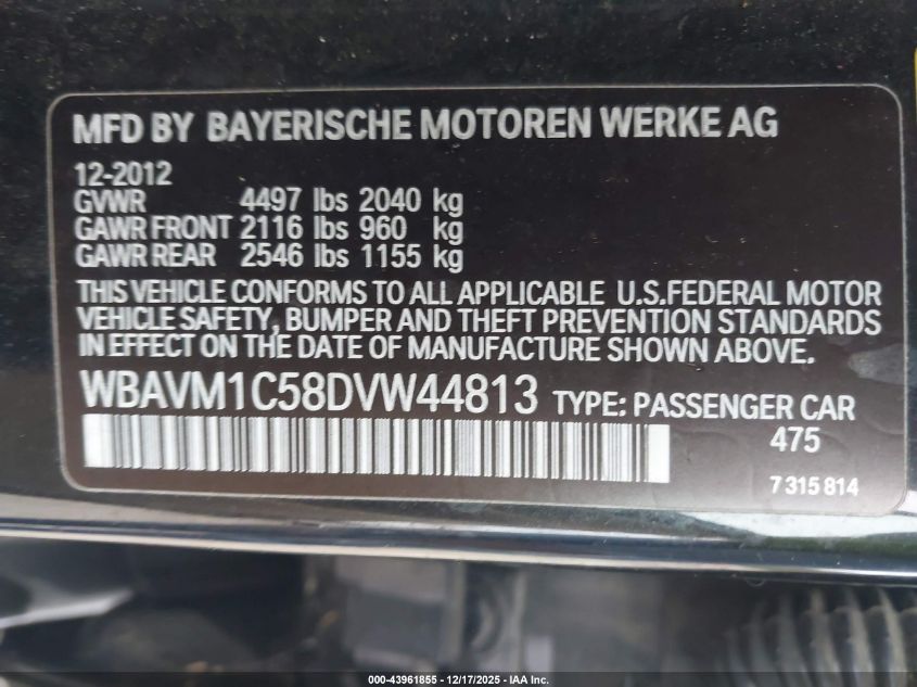 2013 BMW X1 Sdrive28I VIN: WBAVM1C58DVW44813 Lot: 43961855