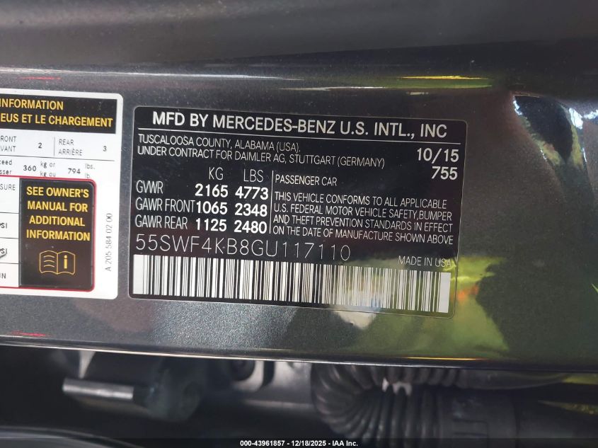 2016 Mercedes-Benz C 300 4Matic VIN: 55SWF4KB8GU117110 Lot: 43961857