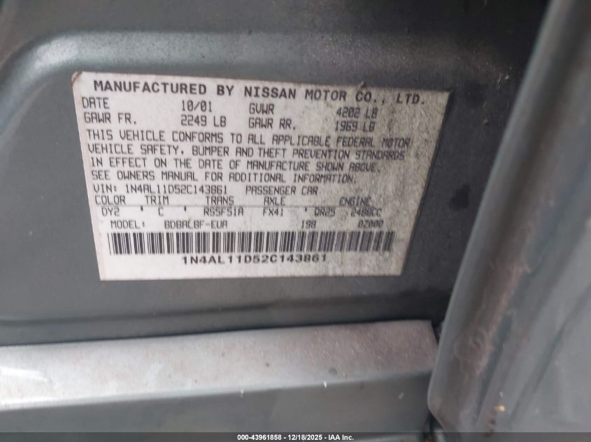 2002 Nissan Altima 2.5 S VIN: 1N4AL11D52C143861 Lot: 43961858