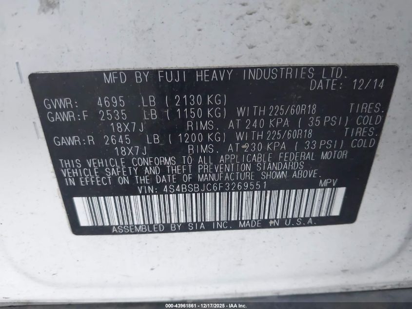 2015 Subaru Outback 2.5I Limited VIN: 4S4BSBJC6F3269551 Lot: 43961861