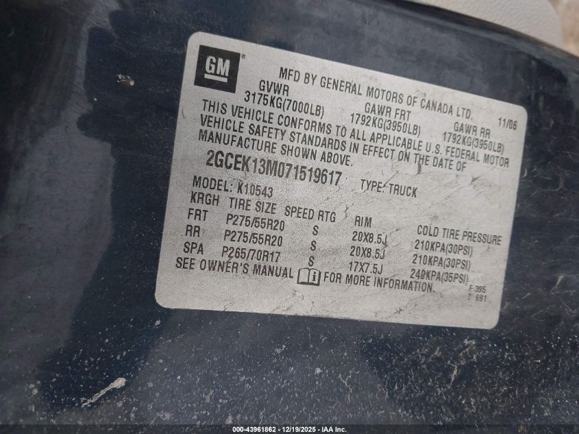 2007 Chevrolet Silverado 1500 Ltz VIN: 2GCEK13M071519617 Lot: 43961862