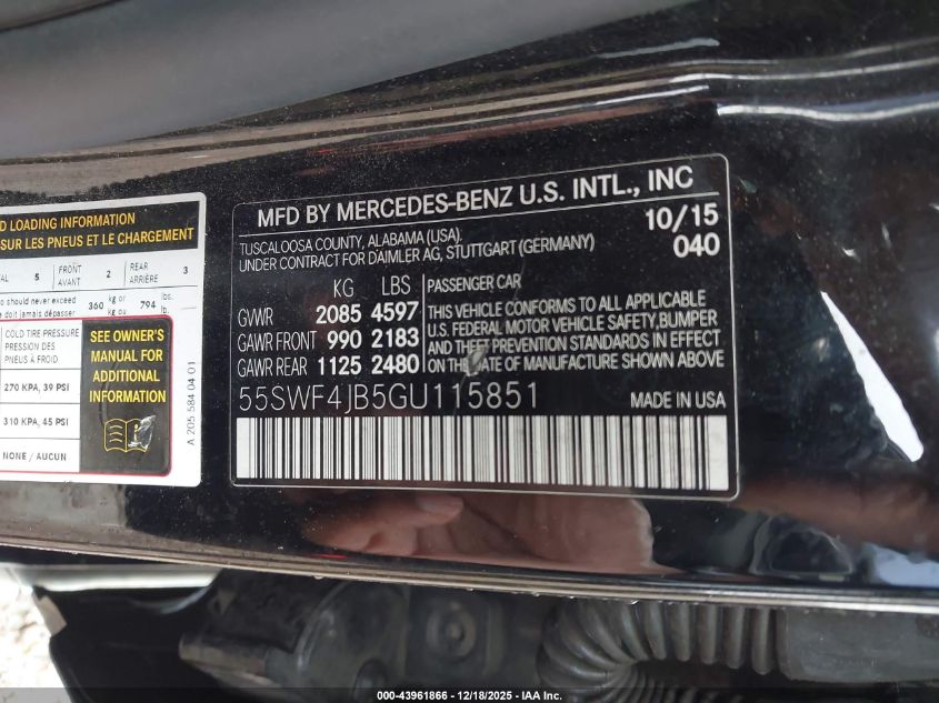 2016 Mercedes-Benz C 300 VIN: 55SWF4JB5GU115851 Lot: 43961866