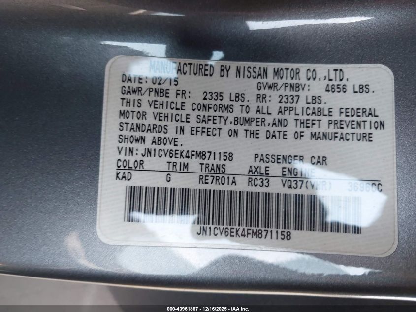 2015 Infiniti Q60 Journey VIN: JN1CV6EK4FM871158 Lot: 43961867