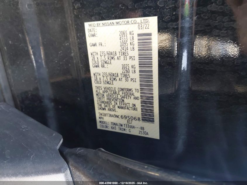 2022 Nissan Rogue Sv Fwd VIN: 5N1BT3BA9NC695068 Lot: 43961868