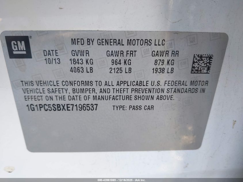 2014 Chevrolet Cruze 1Lt Auto VIN: 1G1PC5SBXE7196537 Lot: 43961869